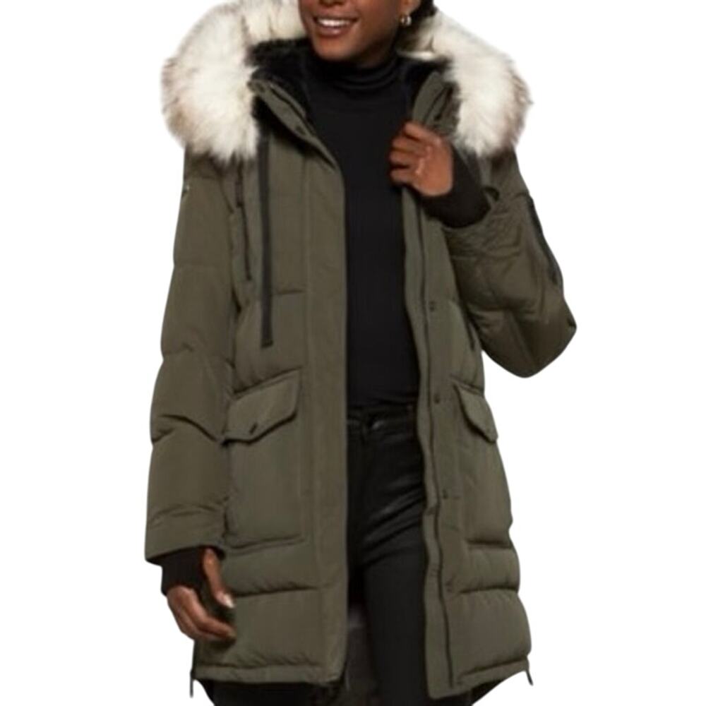 BCBGMAXAZRIA Olive Green Detachable Faux Fur Hooded Parka Coat Thumbholes - Sz S